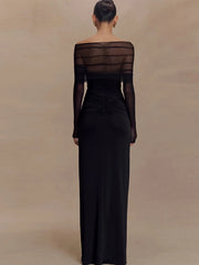 Slash Neck Sheer Ruched Maxi Party Dress
