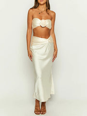 Satin Flower Bandeau Skirt Two Piece Set