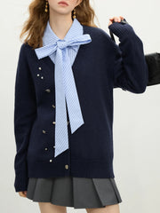 Wool Navy V-neck Beaded Knit Cardigan