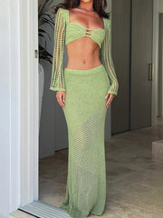 Crochet Knit Crop Top Skirt Two Piece Set