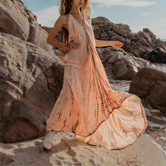 Summer Printed Loose V Collar Chiffon Boho Dress