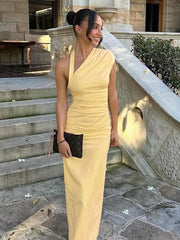 Slanted Collar Halter Ruched Maxi Dress