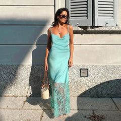 Lace Slash Backless Strap Midi Dress