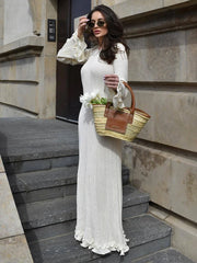 Pleated Wavy Knit Lace Maxi Dress