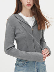 Hooded Herringbone Short Knit Cardigan