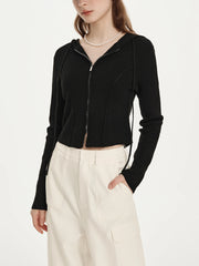 Hooded Herringbone Short Knit Cardigan