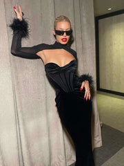 Mesh Feather Sleeve Bodycon Midi Dress