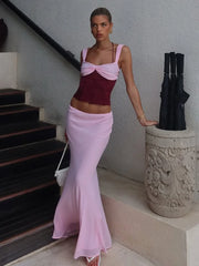 Contrast Suspender Long Skirt Two Piece Set