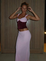 Contrast Suspender Long Skirt Two Piece Set