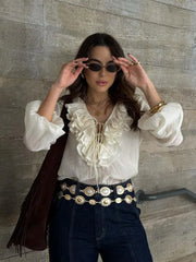 Spring Lace-Up Tiered V Neck Blouse