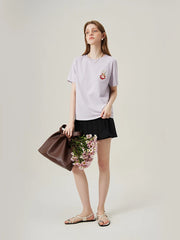 Cat Embroidered Beige Loose T-shirt