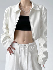 Black PU Retro Lapel Crop Coat