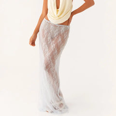 Y2K Floral Lace Sheer Long Skirt