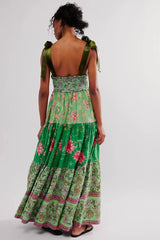 Shirring Chest Strap Floral Sleeveless Boho Dress