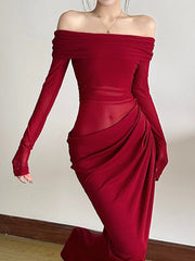 Mesh Patchwork Ruched Slash Party Dress