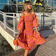 Puff Sleeve Off Shoulder Rayon Summer Boho Dress