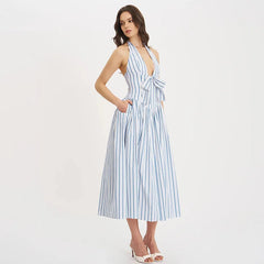 Bows Halter Striped Backless Long Prom Dress