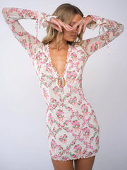 Floral Ruffles V Neck Bodycon Mini Dress