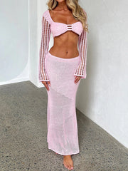 Crochet Knit Crop Top Skirt Two Piece Set