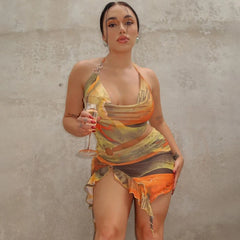 Tie Dye Tassel Backless Halter Mini Dress