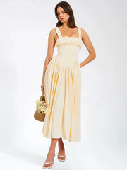 Square Neck Satin Pleated Midi Dress