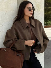 Brown Woolen Zipper Short Coat