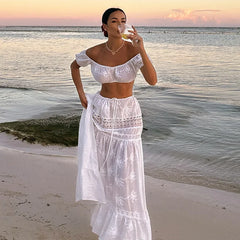 Lace Up Backless Hollow Long Skirt Two Piece Set