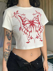 Butterfly Print Fitted Crop Grunge T-shirt