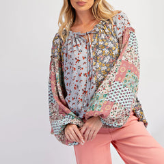 Vintage Floral Print Patchwork Blouse
