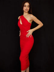 One Shoulder Ruched Bodycon Midi Dress