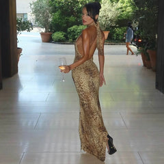 Leopard Halter Bandage Maxi Dress