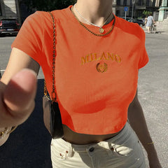 Black Letter Embroidery Crop O-neck T-shirt