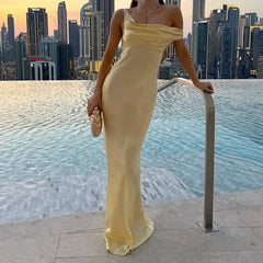 Satin One Shoulder Halter Maxi Dress