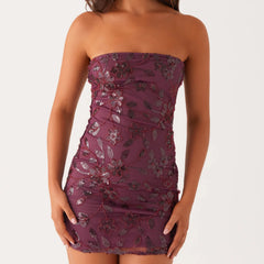 Glitter Beaded Pearl Strapless Bodycon Dress