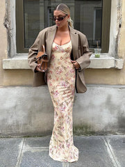 Floral Slit Suspender Plunge Maxi Dress