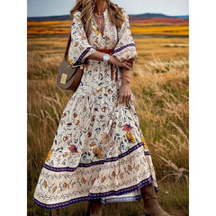 Floral V Neck Polyester Maxi Boho Dress