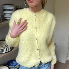 Puffy Open Front Button Knit Cardigan