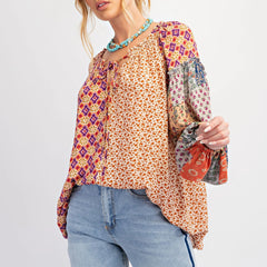 Vintage Floral Print Patchwork Blouse