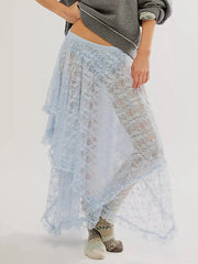 Lace Elastic Irregular Midi Skirt