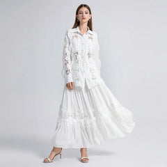 White Lace Maxi Skirt Blouse Set Casual Boho Dress