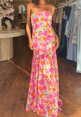 Strapless A-line Backless Floral Dress