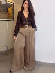 Satin Belted Wide Leg Pocket Pant