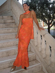 Strapless Mesh Print Splice Maxi Dress