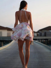 Printed Ruffle Halter Mini Dress