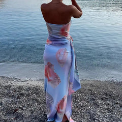 Strapless Split Floral Bodycon Vacation Dress