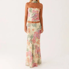 Floral Strapless Bodycon Skirt Two Piece Set