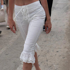Lace Ruffle Cross Tie Capri Pant