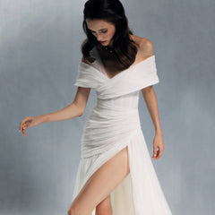 A Line Off Shoulder High Split Tulle Prom Dress
