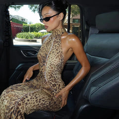 Leopard Halter Bandage Maxi Dress