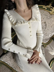 Ruffled Slim Knitted Retro Maxi Dress